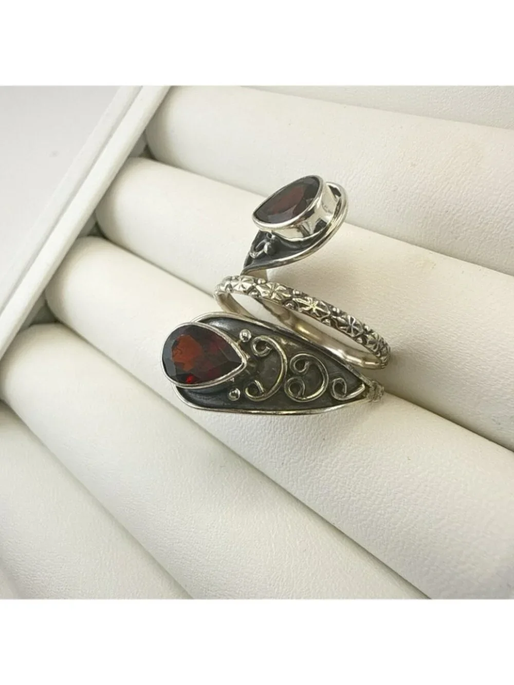 JTV Sterling Silver Ring Garnet Red Bypass Wrap 925 Adjustable Sz 9-11